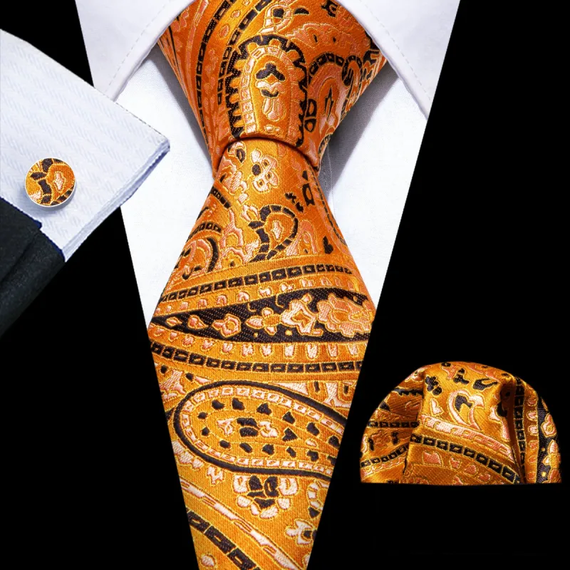 Barry Wang Gold Orange Tie Black Paisley Men's Tie Hanky Cufflinks Set sold by Barrywang