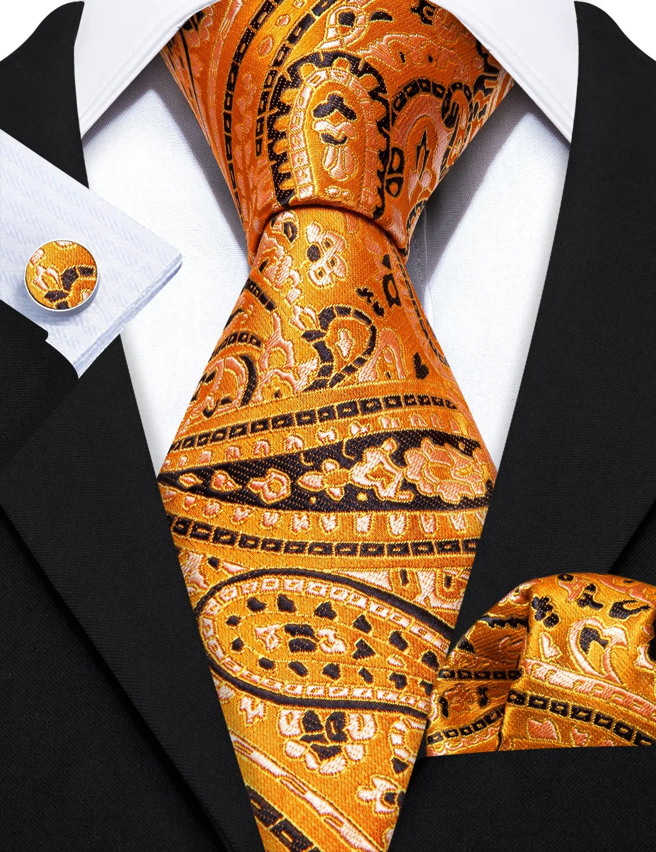 Barry Wang Gold Orange Tie Black Paisley Men's Tie Hanky Cufflinks Set sold by Barrywang product image thumbnail 5