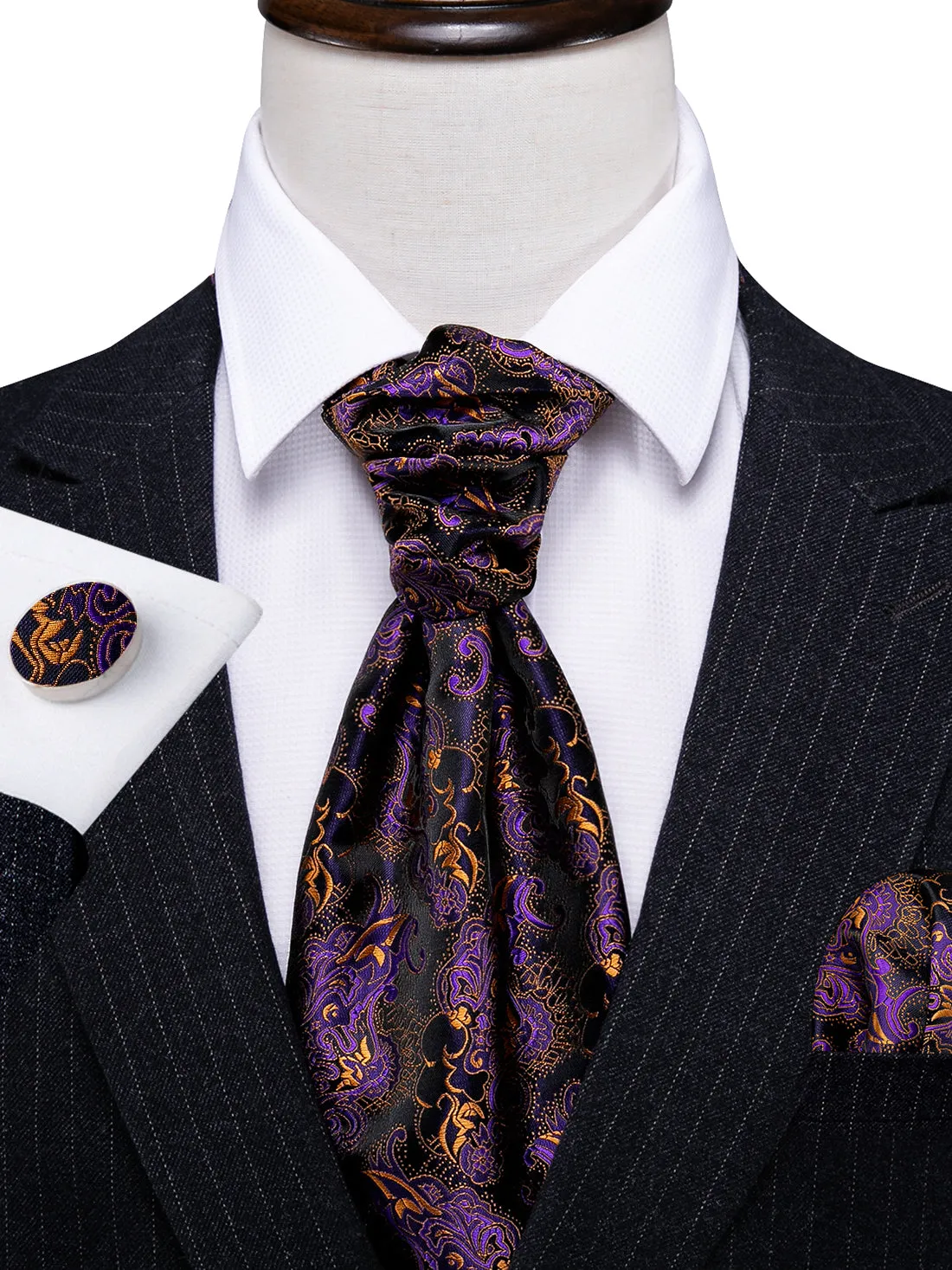 Novelty Purple Golden Paisley Ascot Handkerchief Cufflinks sold by Barrywang product image thumbnail 3