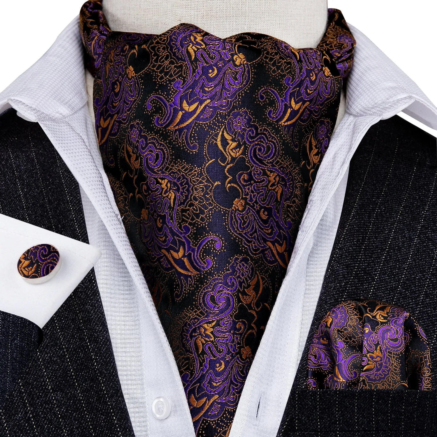 Novelty Purple Golden Paisley Ascot Handkerchief Cufflinks sold by Barrywang product image thumbnail 5