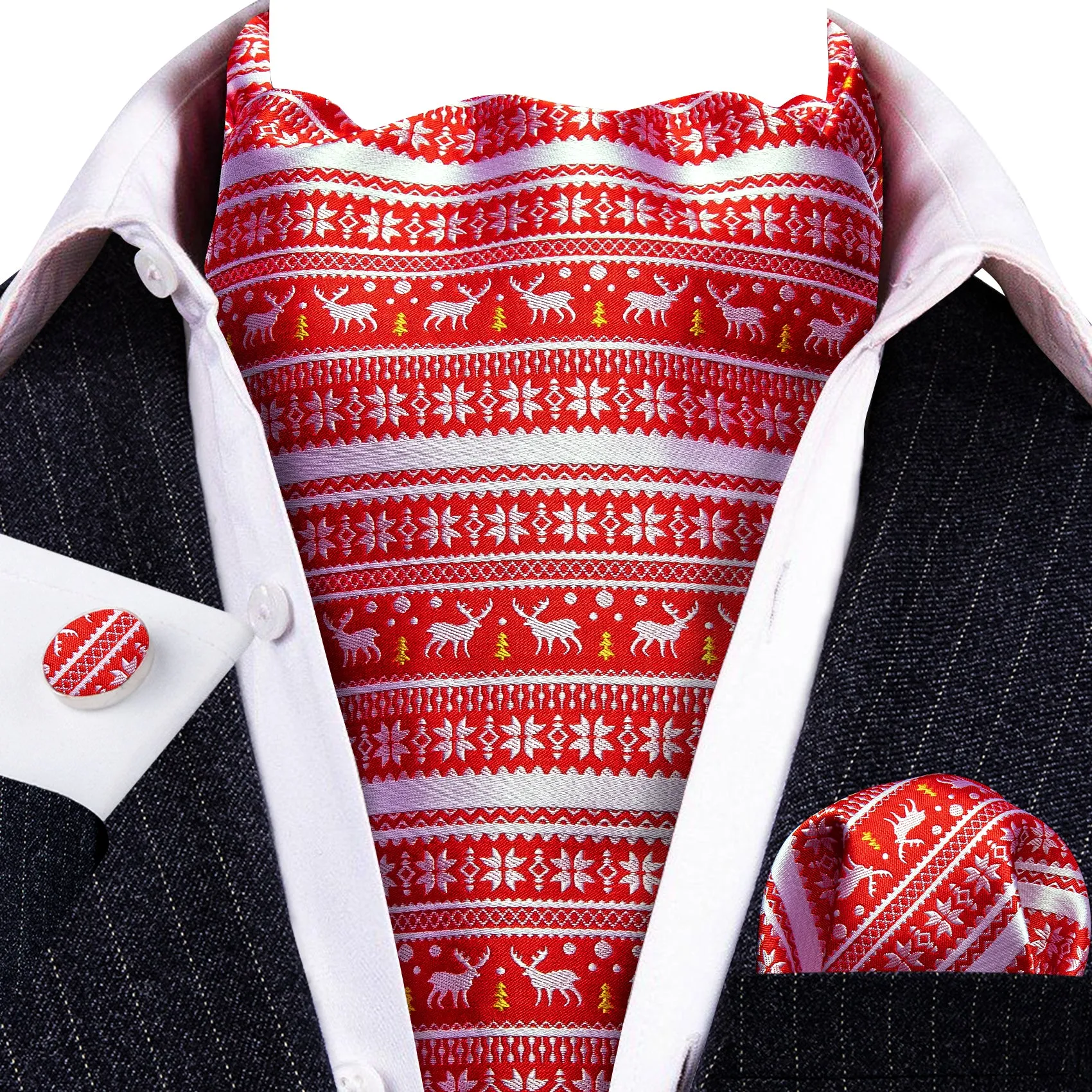 Christmas Red White Floral Elk Silk Ascot Handkerchief Cufflinks sold by Barrywang product image thumbnail 2