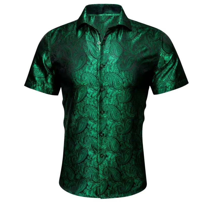 Barry Wang Green Shirt Silk Paisley Short Sleeve Daily Slim Fit Men's Shirt sold by Barrywang