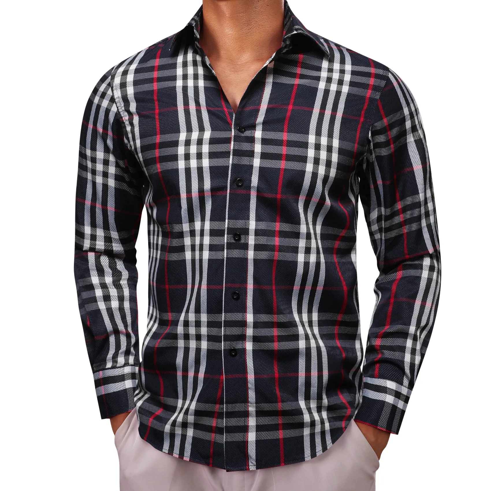 Barry.wang Casual Black White Plaid Men's Shirt sold by Barrywang product image thumbnail 5