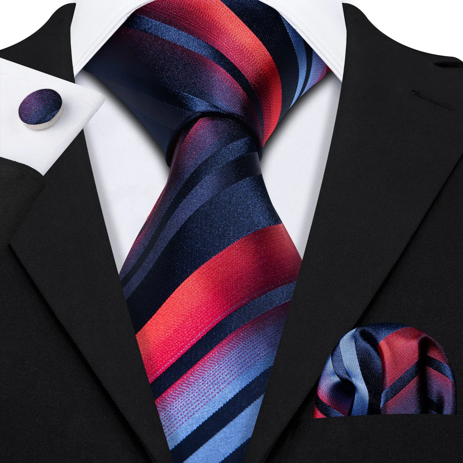 Barry Wang Necktie Blue Red Gradient Stripe Tie Hanky Cufflinks Set sold by Barrywang