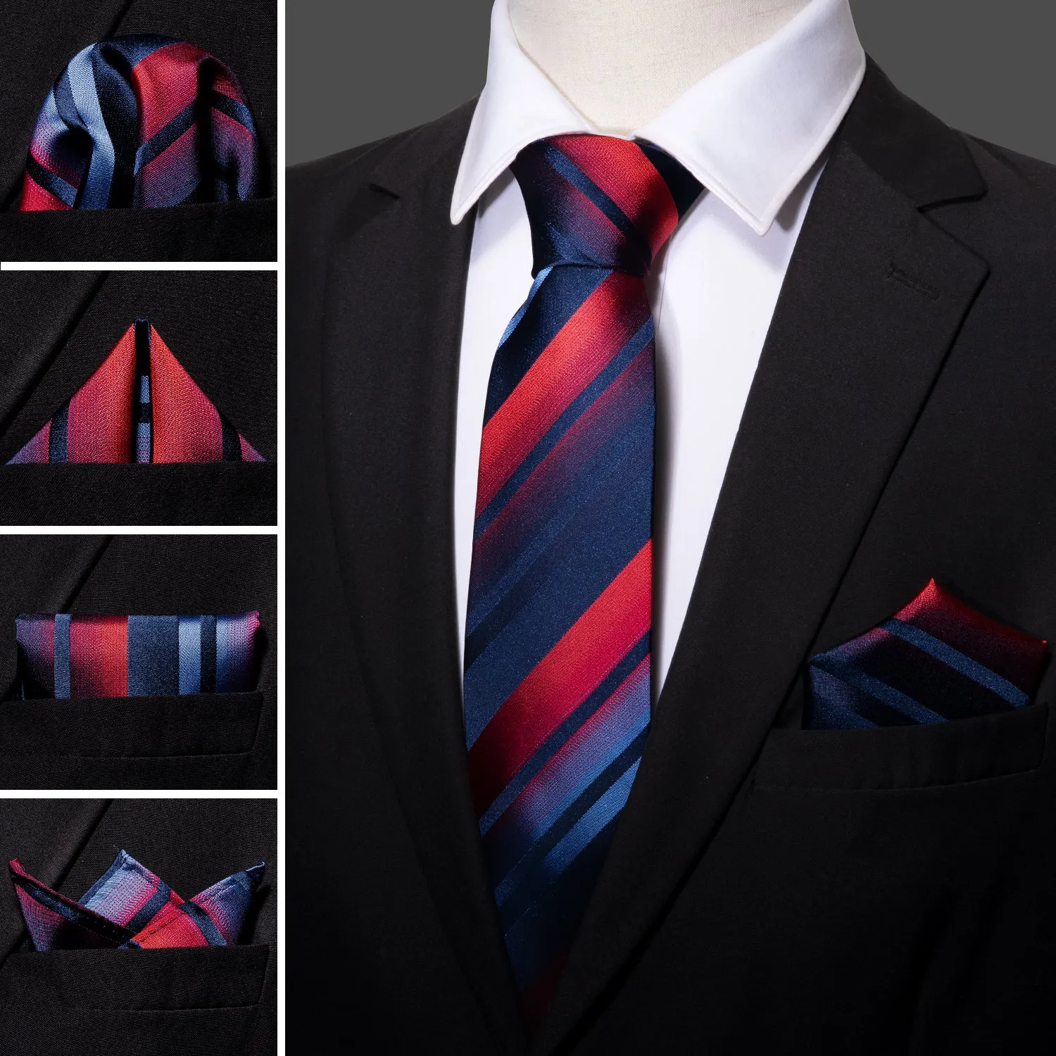 Barry Wang Necktie Blue Red Gradient Stripe Tie Hanky Cufflinks Set sold by Barrywang product image thumbnail 2