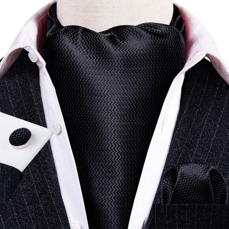 Barry.wang Black Tie Solid Silk Ascot Tie Handkerchief Cufflinks Set sold by Barrywang