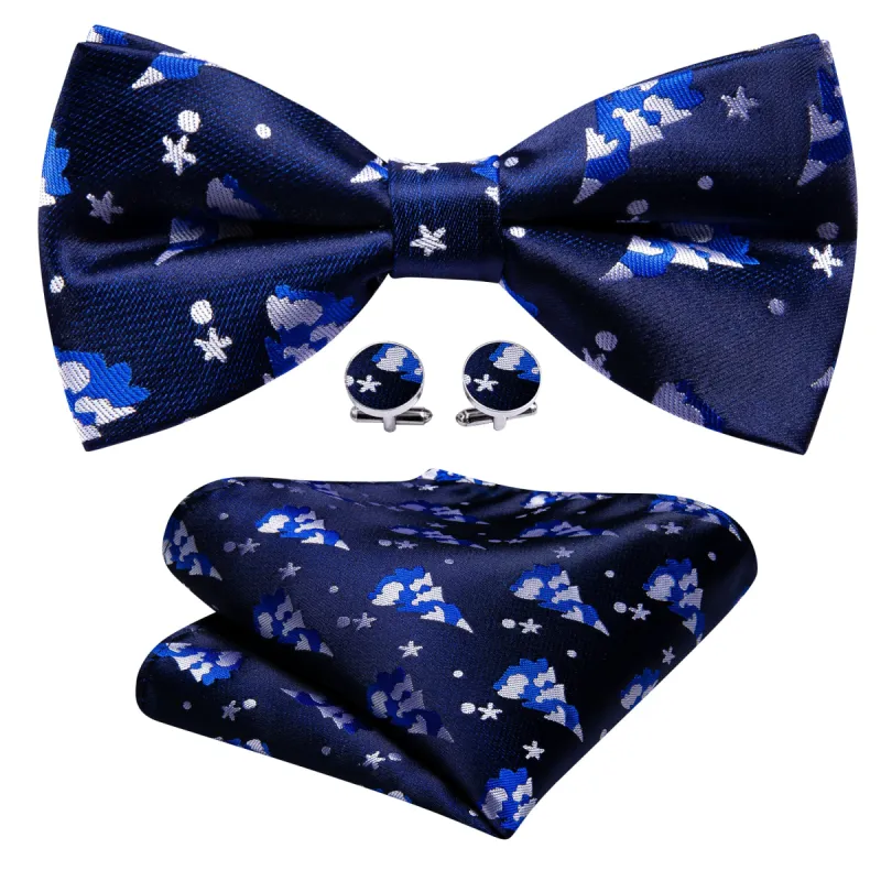 Barry Wang Christmas Blue White Xmas Tree Silk Bow Tie Hanky Cufflinks Set sold by Barrywang