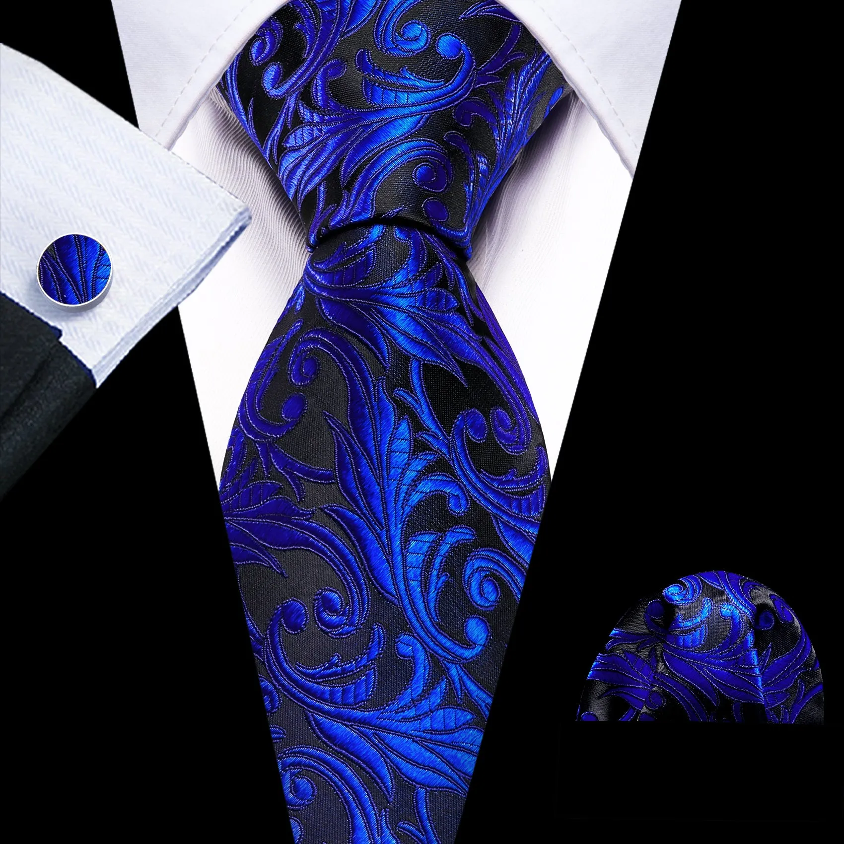 Barry. Wang Cobalt Blue Paisley Wedding Tie Handkerchief Cufflinks Set sold by Barrywang