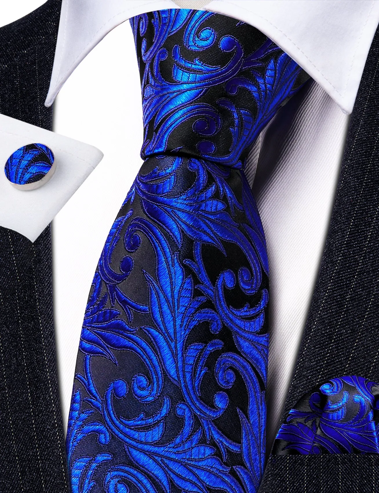 Barry. Wang Cobalt Blue Paisley Wedding Tie Handkerchief Cufflinks Set sold by Barrywang product image thumbnail 3