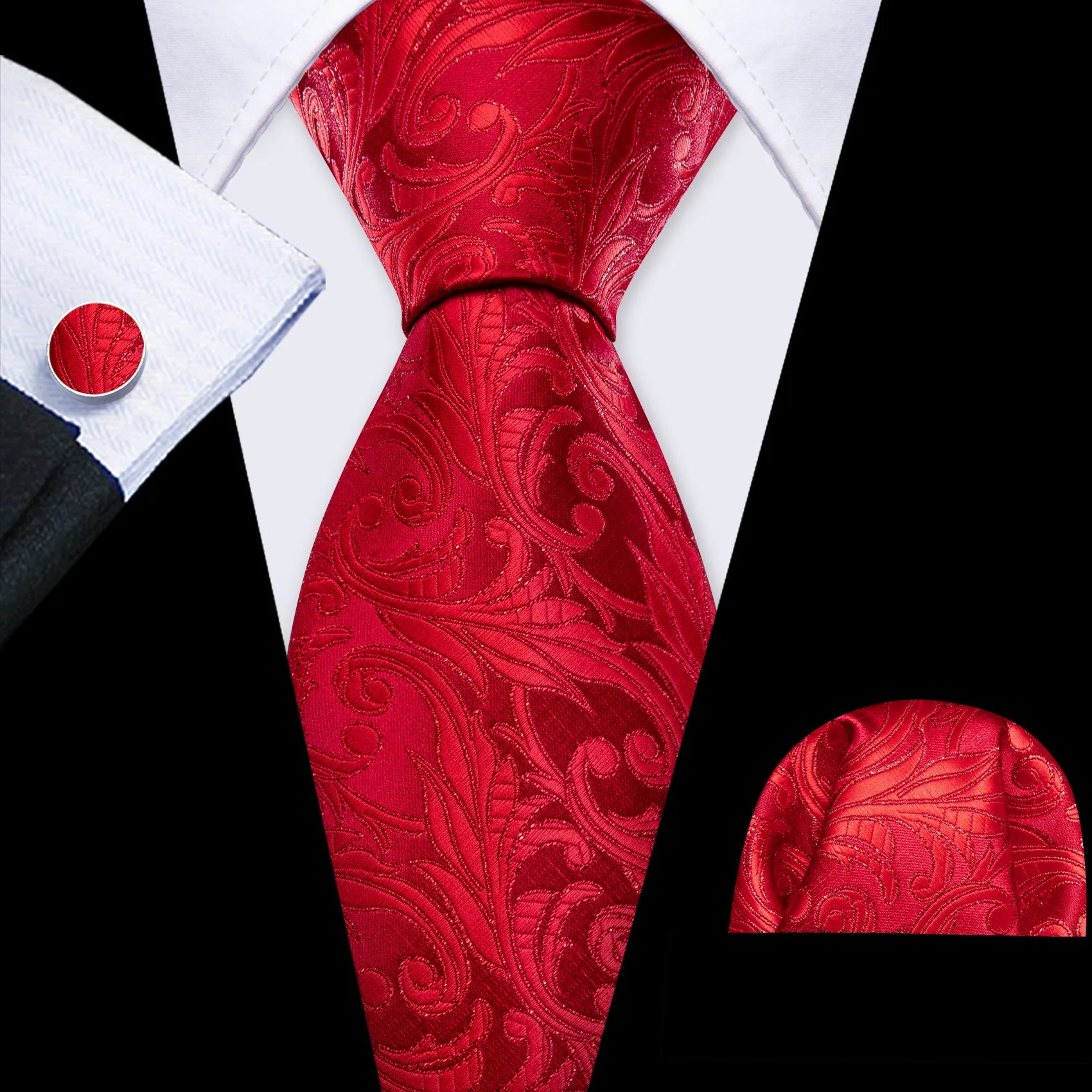 Barry Wang Strong Red Floral Silk Men's Tie Handkerchief Cufflinks Set sold by Barrywang