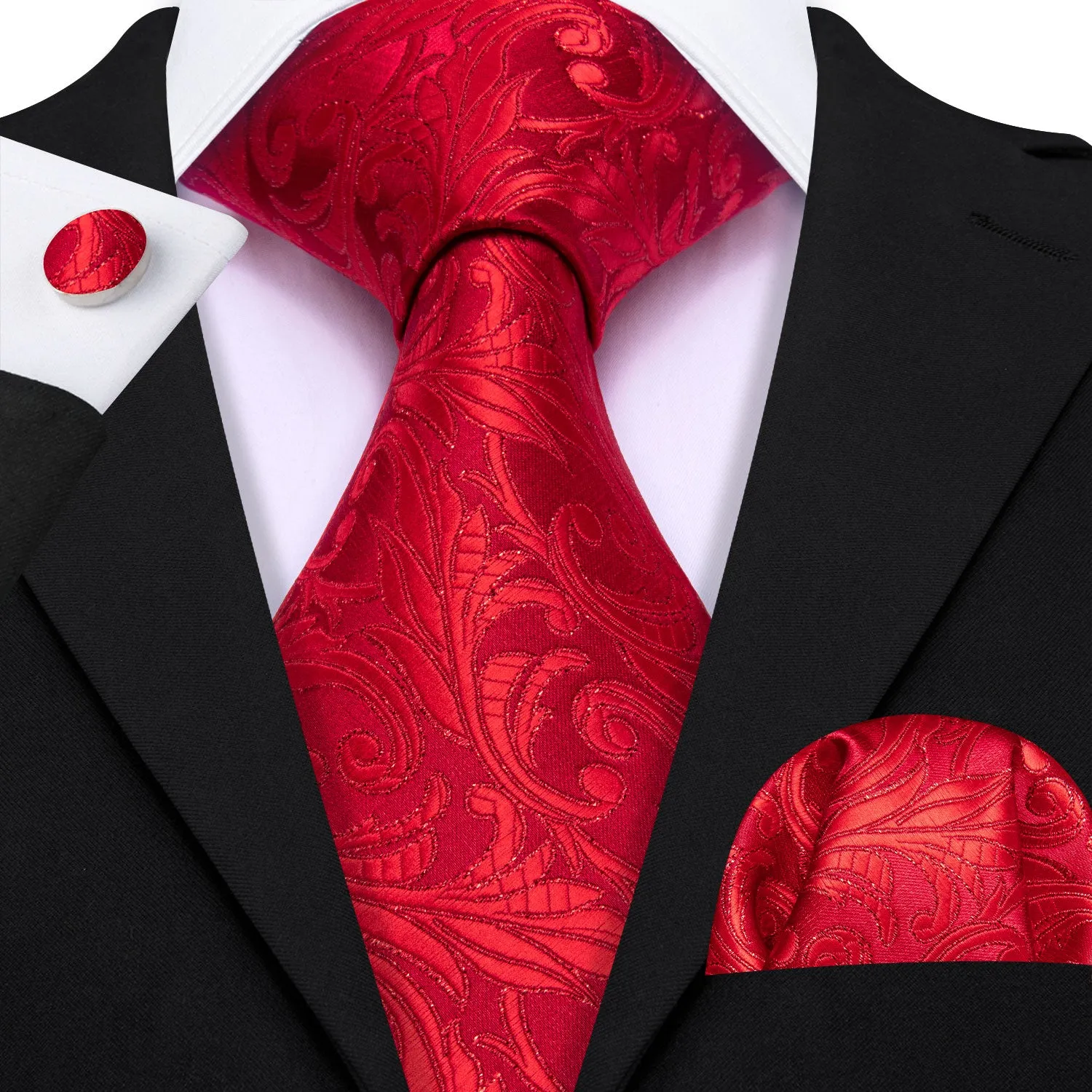 Barry Wang Strong Red Floral Silk Men's Tie Handkerchief Cufflinks Set sold by Barrywang product image thumbnail 2