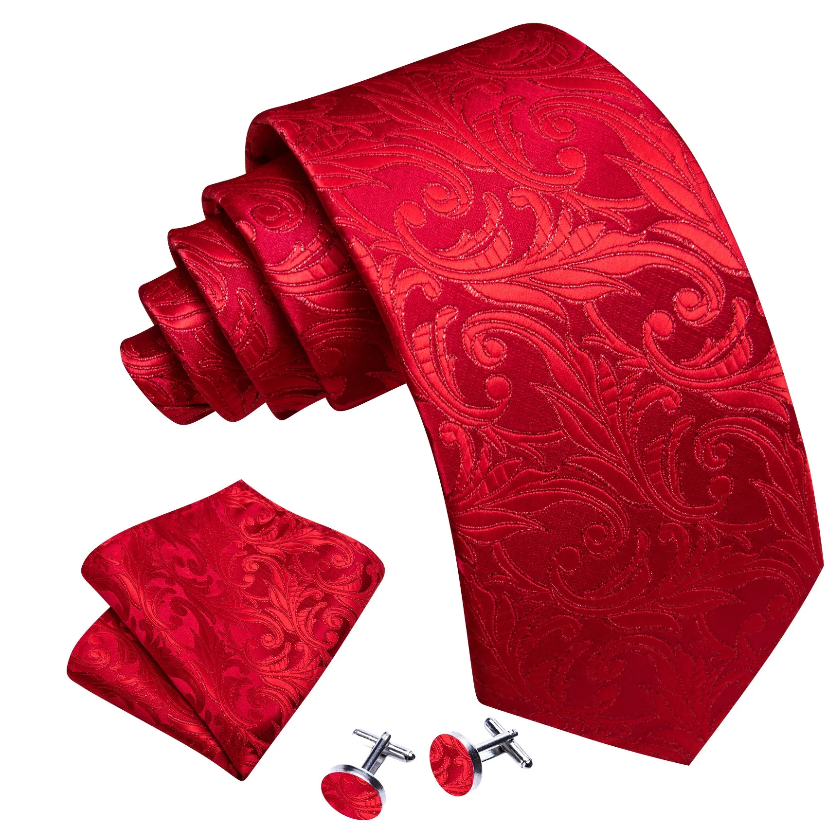 Barry Wang Strong Red Floral Silk Men's Tie Handkerchief Cufflinks Set sold by Barrywang product image thumbnail 3
