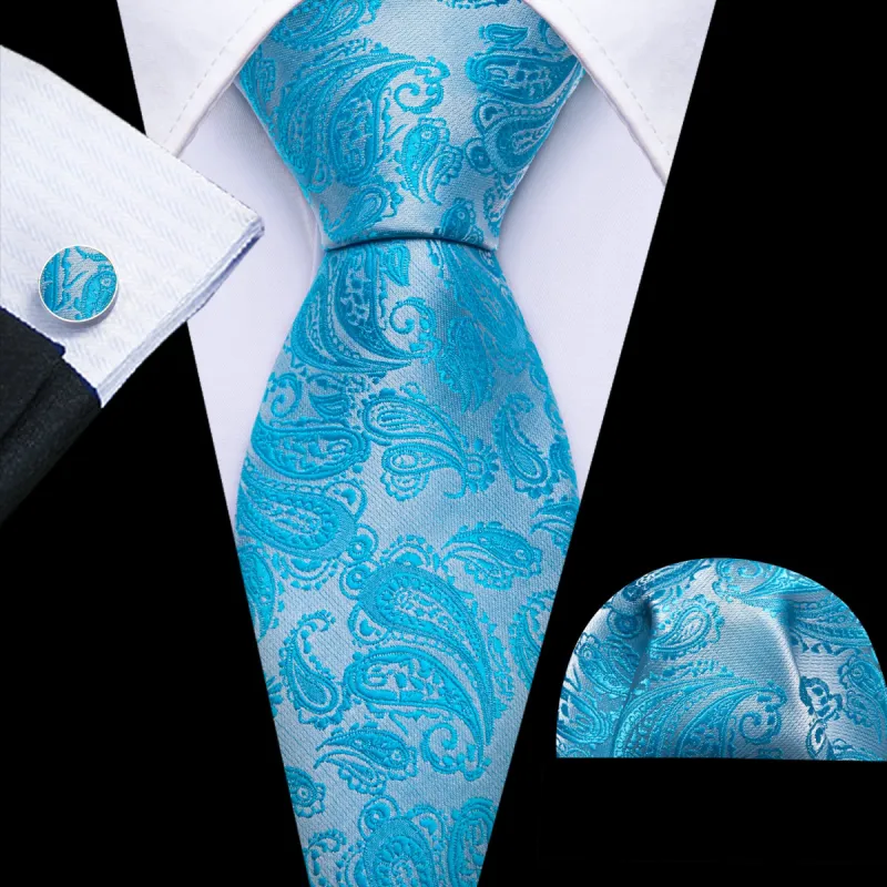 Barry Wang Blue Tie Sky Blue Paisley Silk 63 Inches Extra Long Tie Set sold by Barrywang