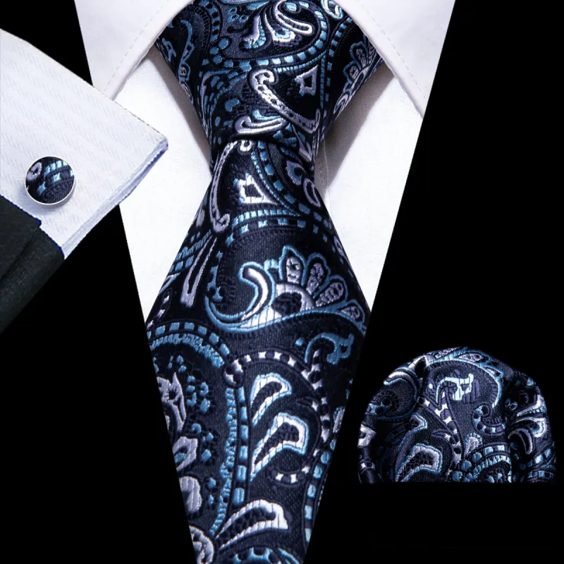 Barry Wang Blue White Paisley Men's Silk Tie Handkerchief Cufflinks Set sold by Barrywang