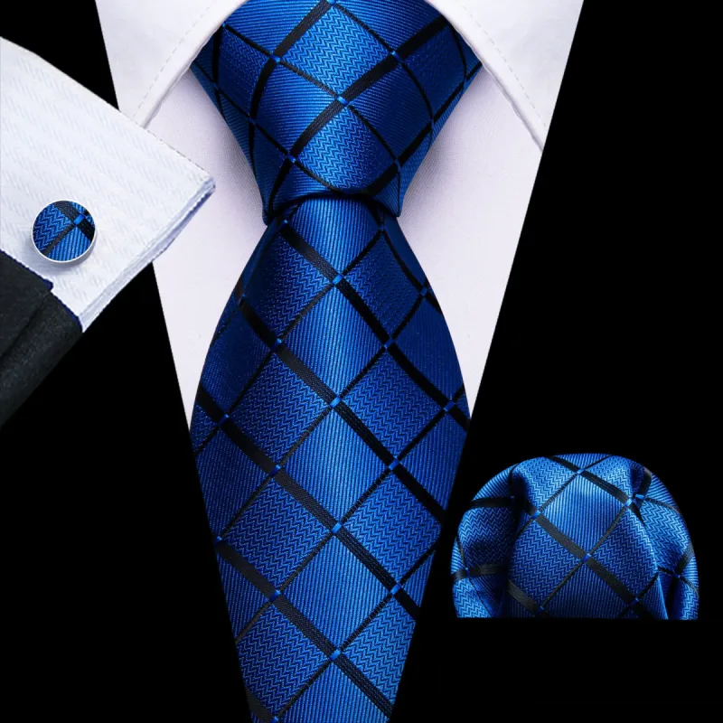 Barry. Wang Navy Blue Tie Black Lines Plaid Men's Wedding Necktie Set sold by Barrywang