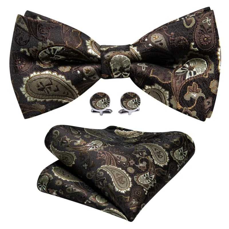 Brown Silver Paisley Pre-tied Bow Tie Hanky Cufflinks Set sold by Barrywang
