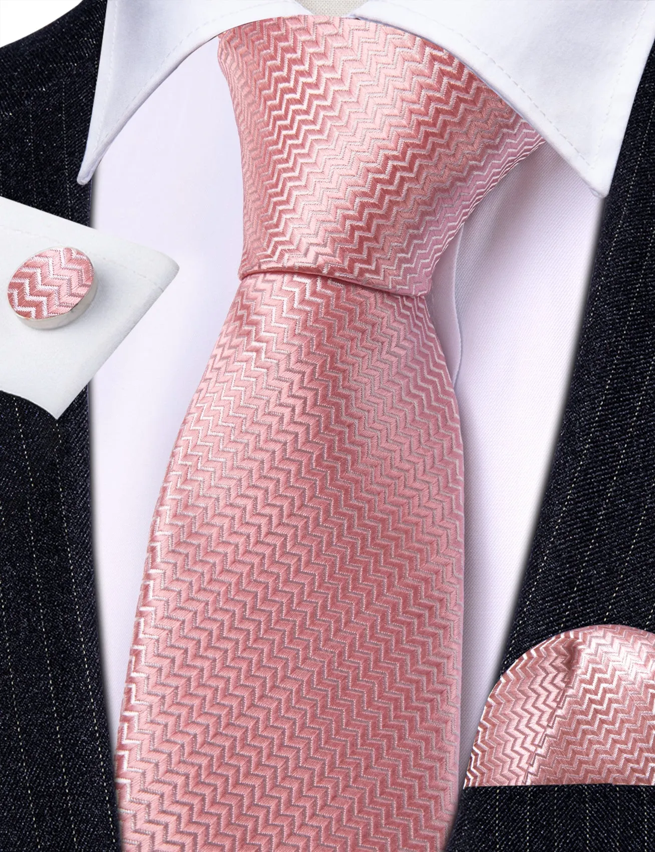 Barry. Wang Pink Ripple Silk 63 Inch Extra Long Tie Hanky Cufflinks Set sold by Barrywang product image thumbnail 3