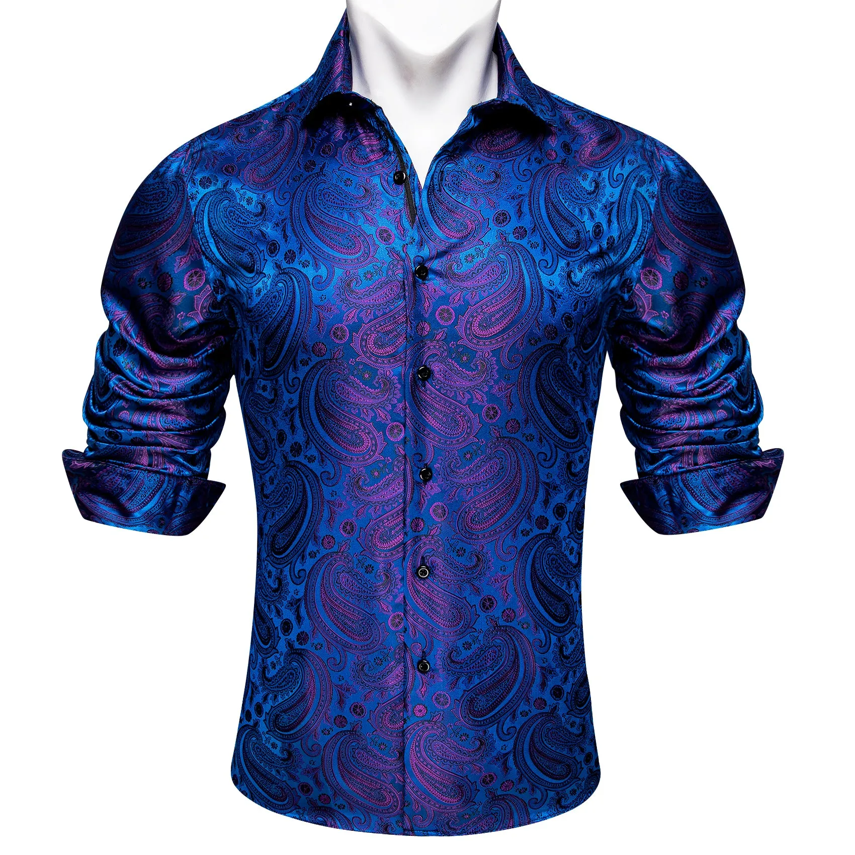 Barry Wang Blue Purple Top Paisley Silk Men's Long Sleeve Shirt sold by Barrywang product image thumbnail 4