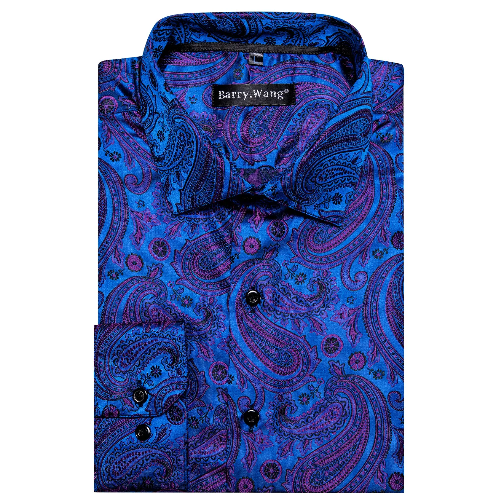 Barry Wang Blue Purple Top Paisley Silk Men's Long Sleeve Shirt sold by Barrywang product image thumbnail 5