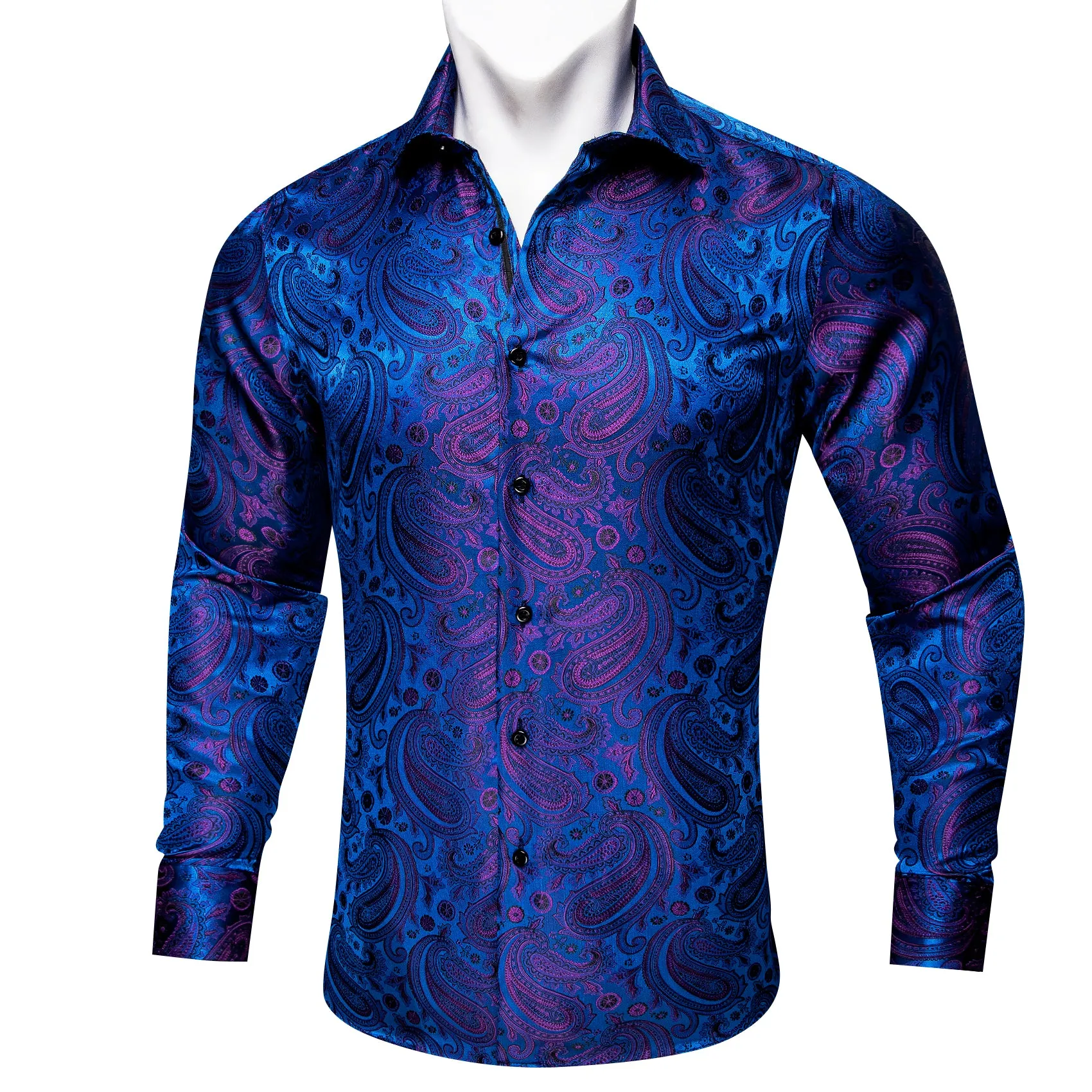 Barry Wang Blue Purple Top Paisley Silk Men's Long Sleeve Shirt sold by Barrywang product image thumbnail 3