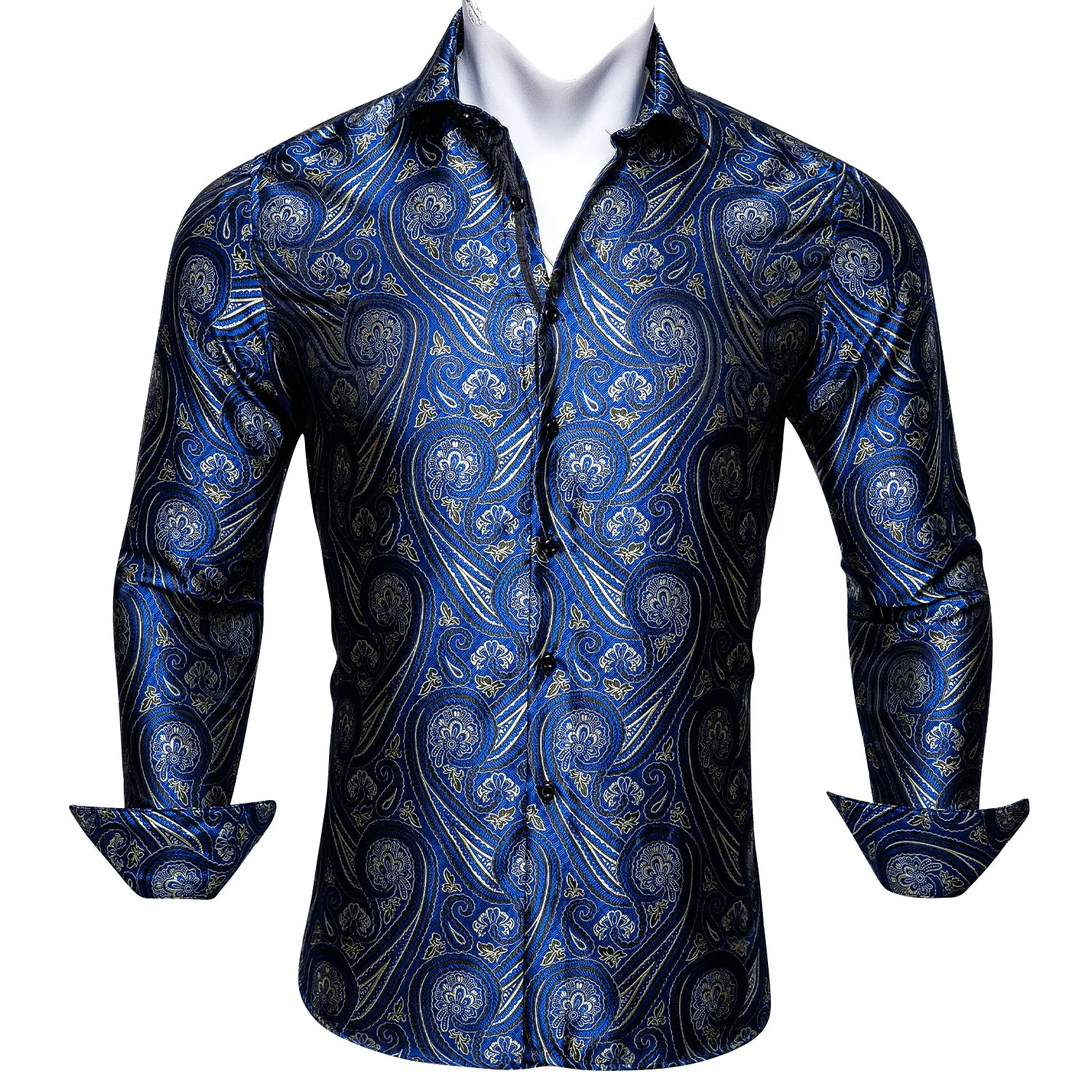 Barry Wang Plus Size Blue Silk Paisley Tribal Long Sleeve Men's Shirt sold by Barrywang product image thumbnail 4