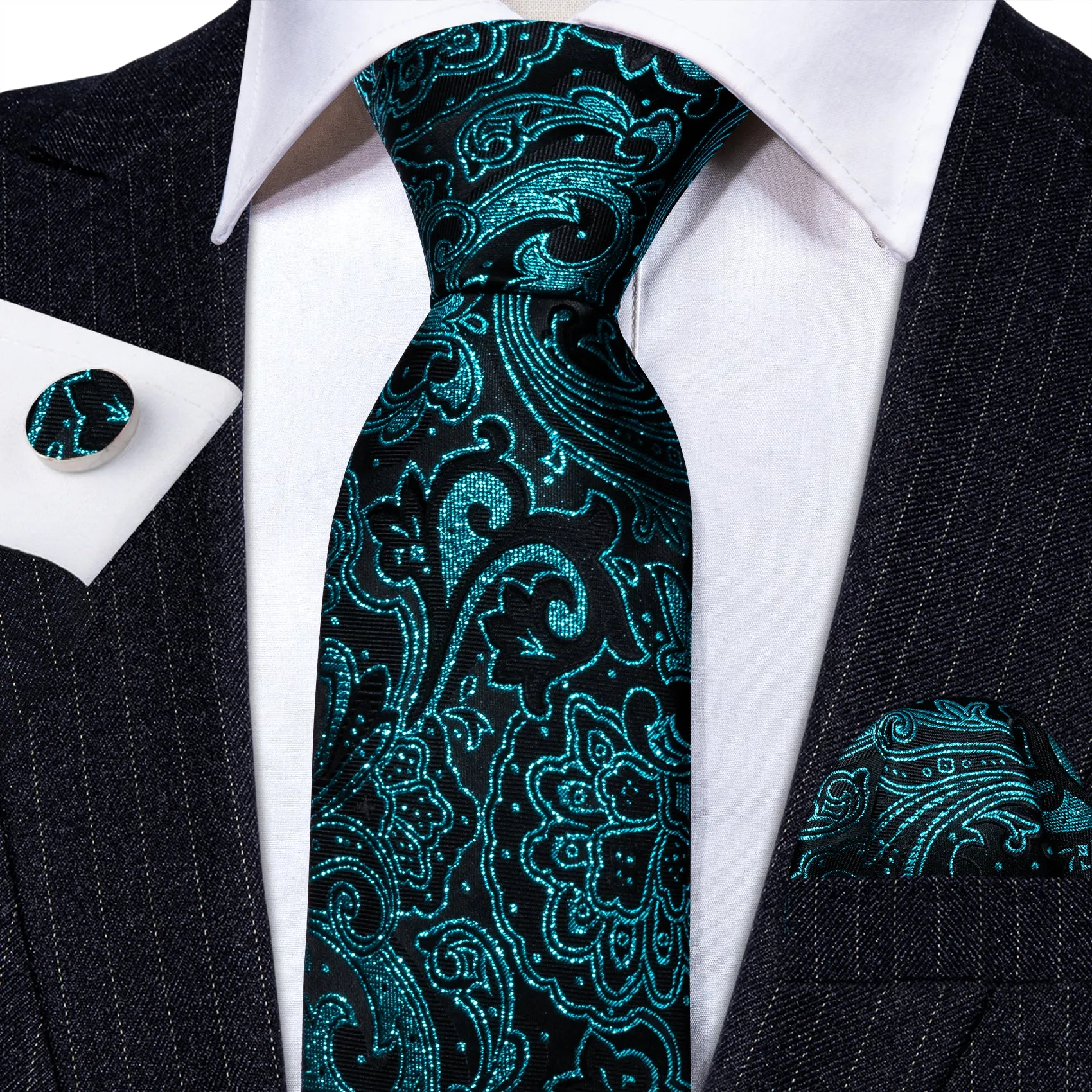 Barry Wang Blue Black Paisley Silk Necktie Handkerchief Cufflinks Set sold by Barrywang product image thumbnail 2