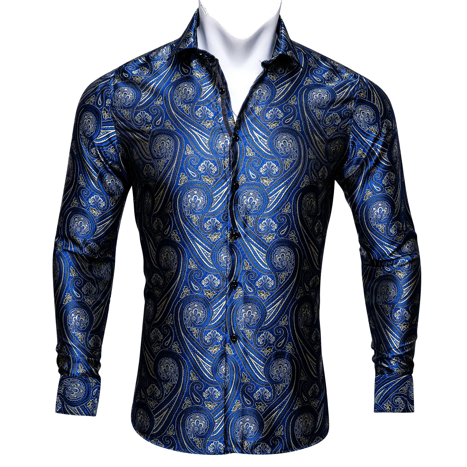 Barry Wang Plus Size Blue Silk Paisley Tribal Long Sleeve Men's Shirt sold by Barrywang product image thumbnail 3