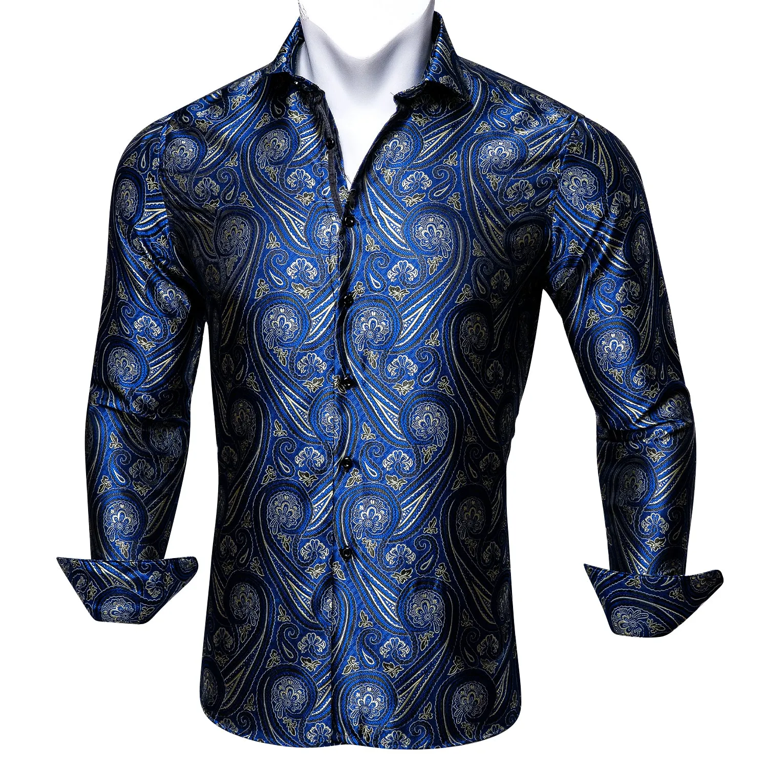 Barry Wang Plus Size Blue Silk Paisley Tribal Long Sleeve Men's Shirt sold by Barrywang product image thumbnail 5