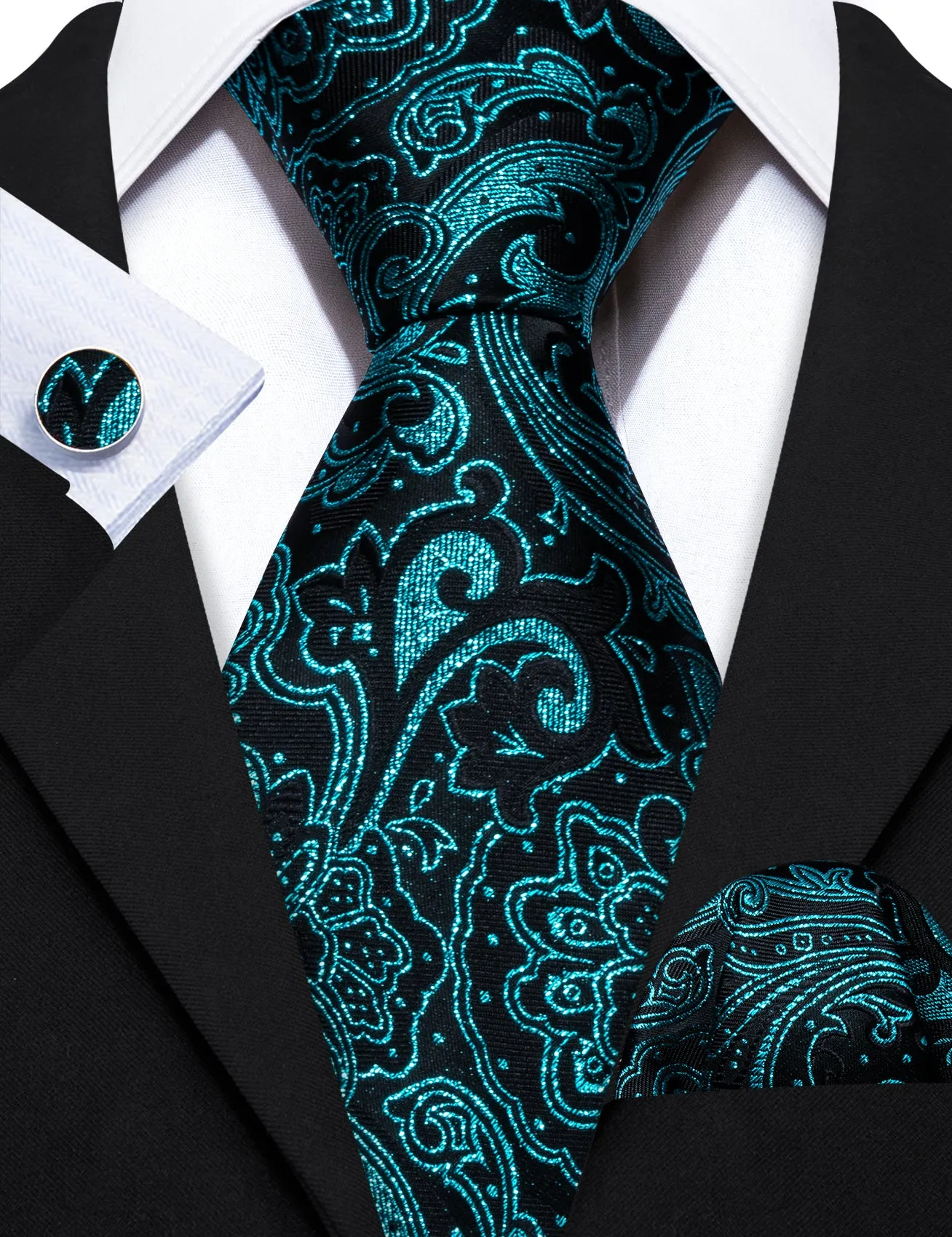 Barry Wang Blue Black Paisley Silk Necktie Handkerchief Cufflinks Set sold by Barrywang product image thumbnail 3