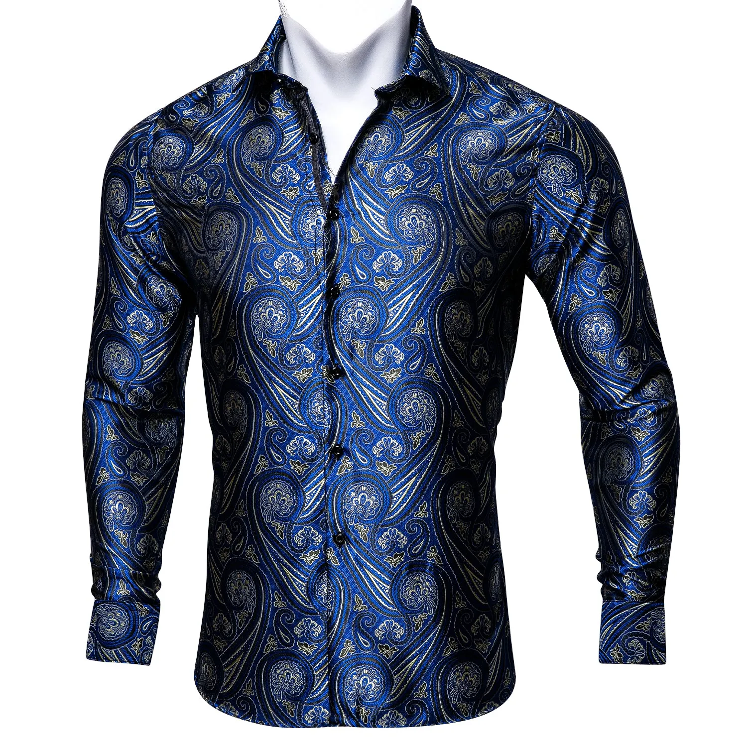 Barry Wang Plus Size Blue Silk Paisley Tribal Long Sleeve Men's Shirt sold by Barrywang