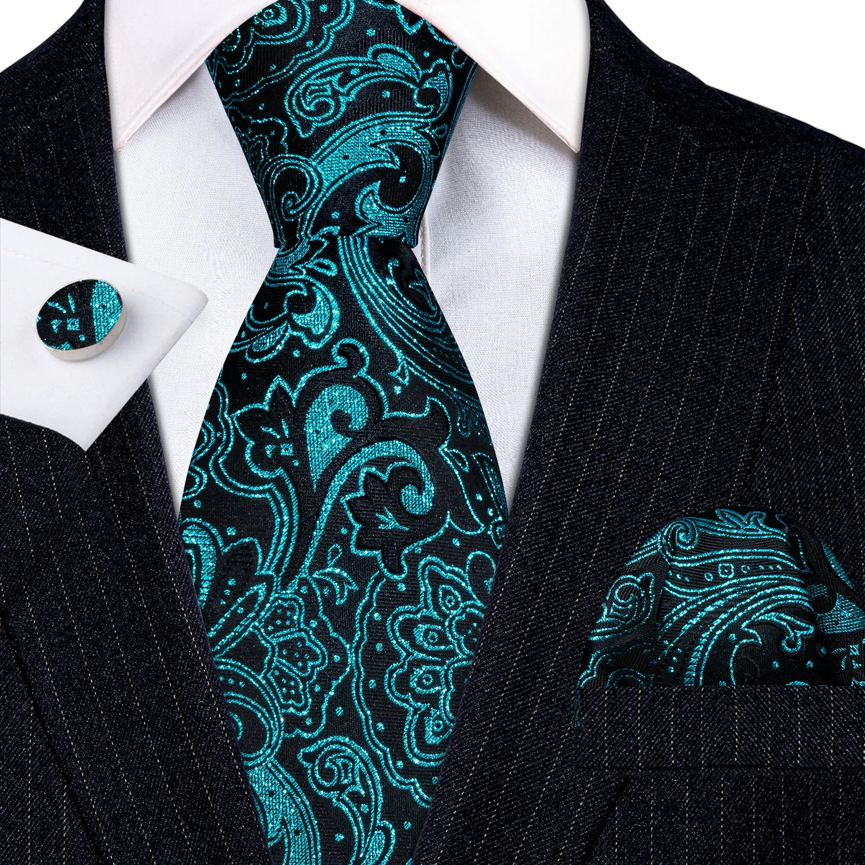 Barry Wang Blue Black Paisley Silk Necktie Handkerchief Cufflinks Set sold by Barrywang product image thumbnail 4