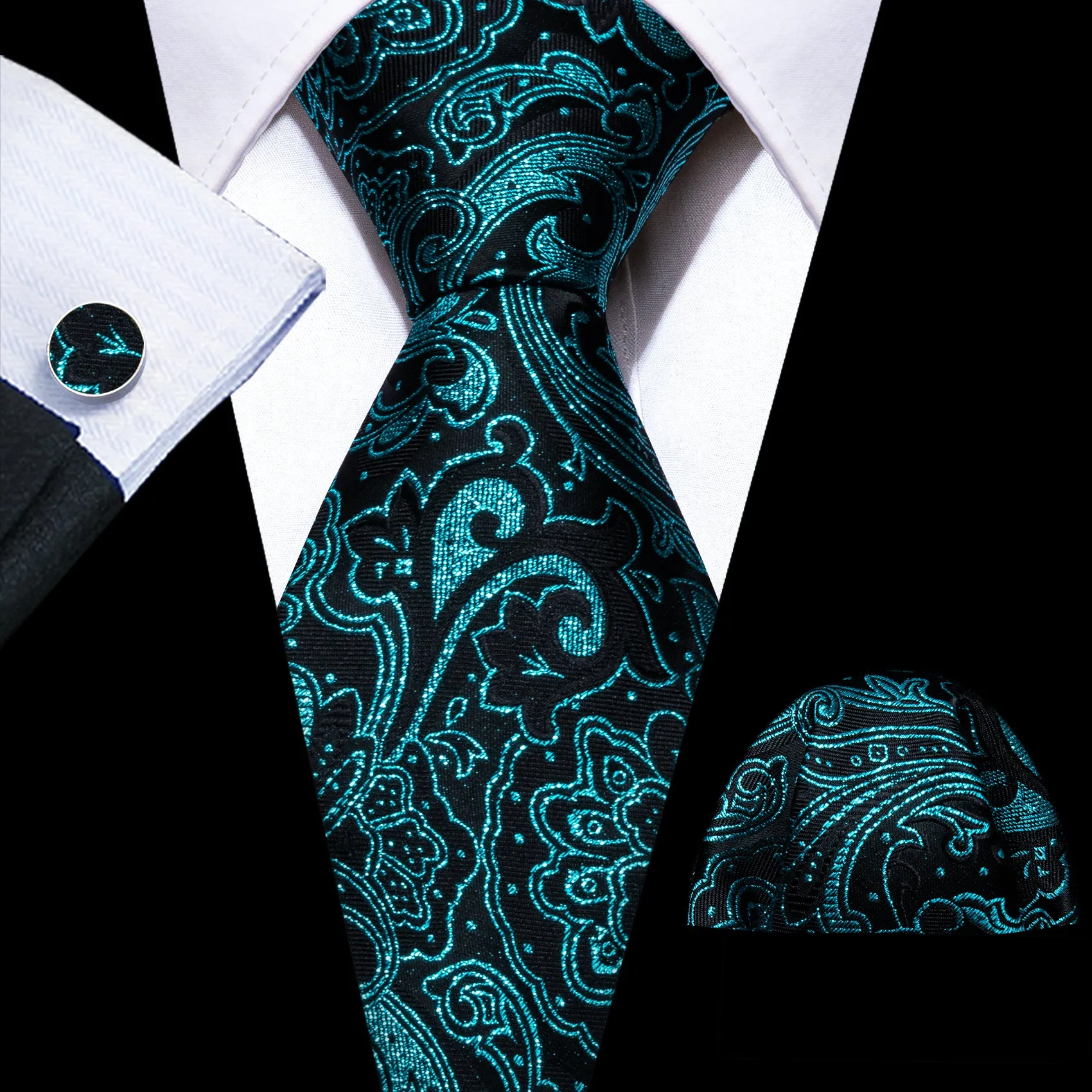 Barry Wang Blue Black Paisley Silk Necktie Handkerchief Cufflinks Set sold by Barrywang