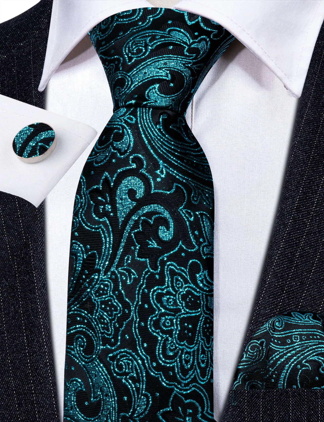 Barry Wang Blue Black Paisley Silk Necktie Handkerchief Cufflinks Set sold by Barrywang product image thumbnail 5