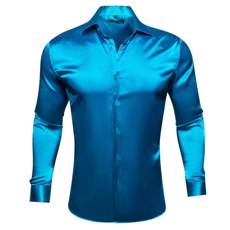 Barry. Wang Button Down Shirt Steel Blue Satin Solid Silk Men's Shirt sold by Barrywang