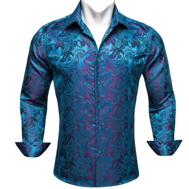 Barry Wang Blue Purple Paisley Silk Men's Button Up Shirts sold by Barrywang