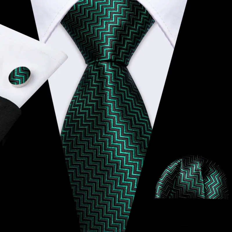 Barry. Wang Green Black Ripple Silk Tie Handkerchief Cufflinks Set sold by Barrywang