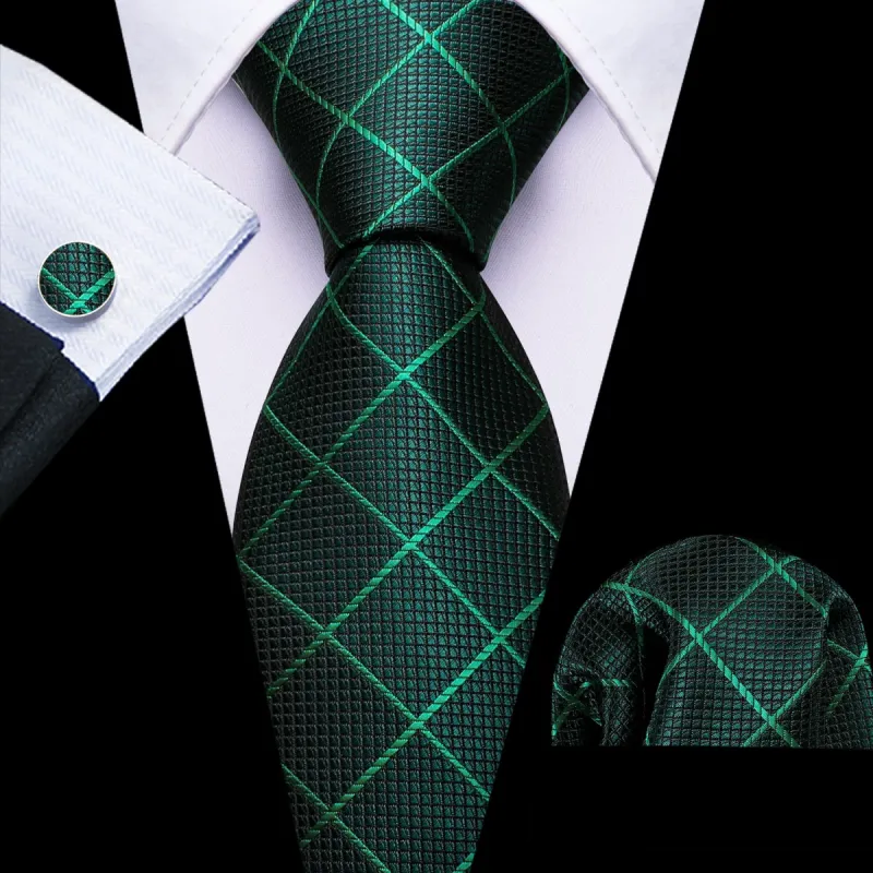 Barry. Wang Tie Green Lines Checkered Necktie Hanky Cufflinks Set sold by Barrywang