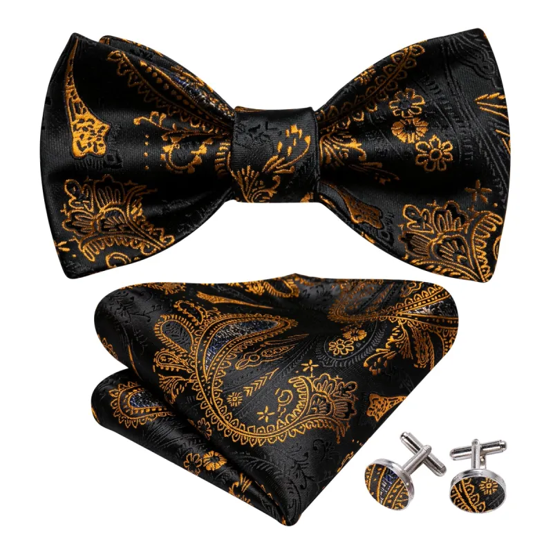 Barry Wang Fashion Black Gold Paisley Men's Bowtie Hanky Cufflinks Set made by Barrywang