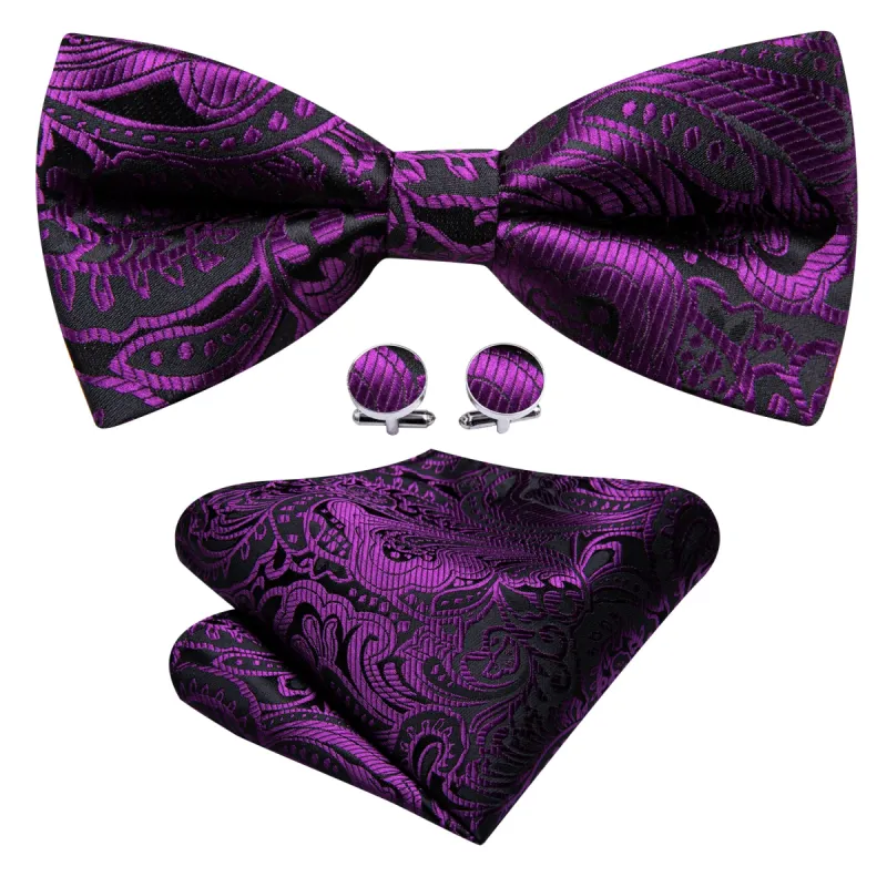 Barry Wang Black Purple Paisley Pre-tied Bow Tie Hanky Cufflinks Set sold by Barrywang