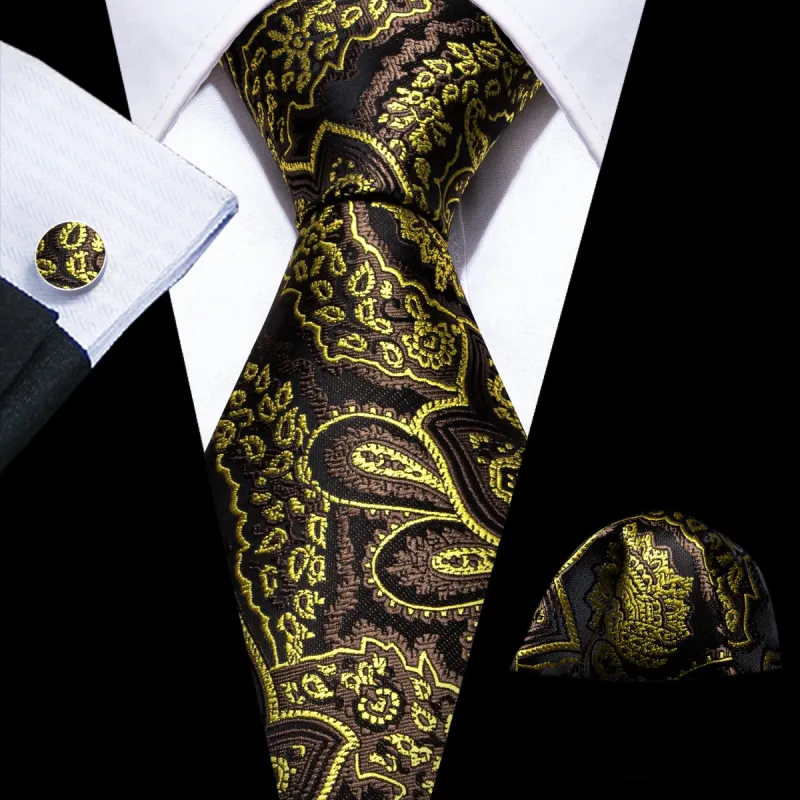 Barry Wang Black Brown Yellow Paisley Silk Tie Hanky Cufflinks Set sold by Barrywang