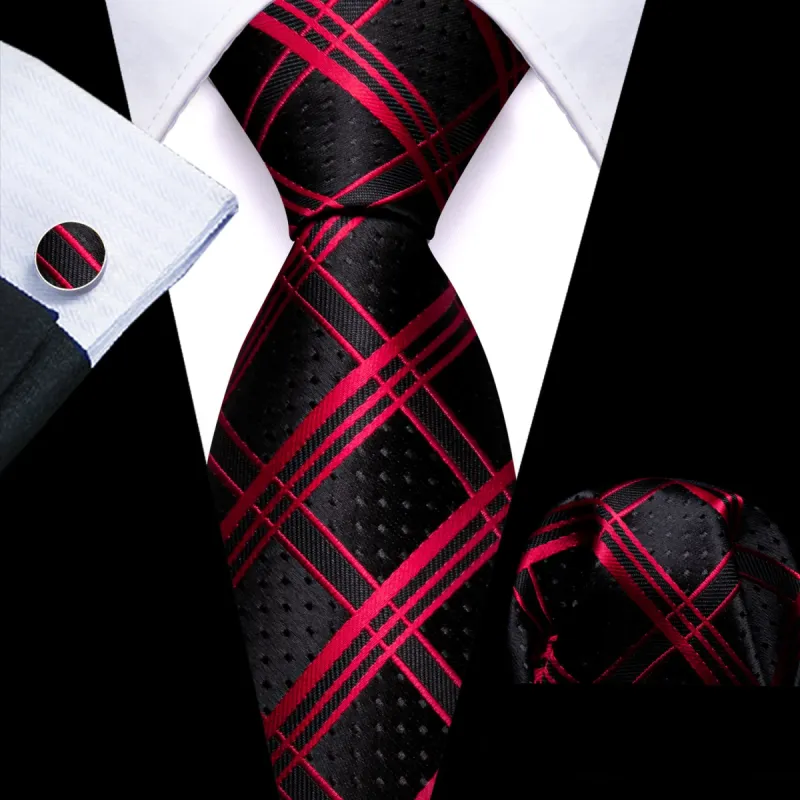 Barry Wang Black Tie Red Pinstripes Jacquard Men's Striped Necktie Set sold by Barrywang