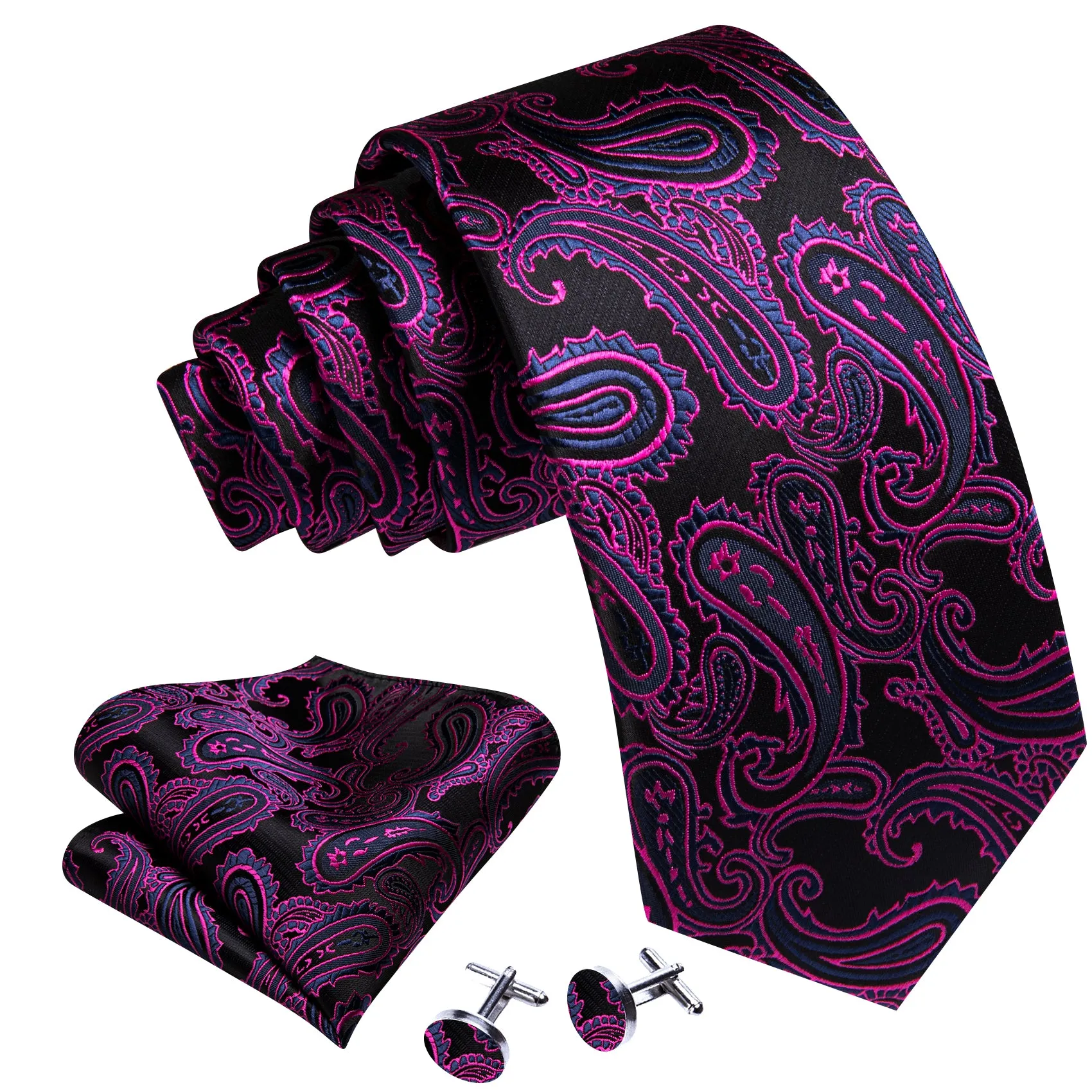 Barry Wang Red Violet Black Paisley Silk Tie Handkerchief Cufflinks Set sold by Barrywang product image thumbnail 4