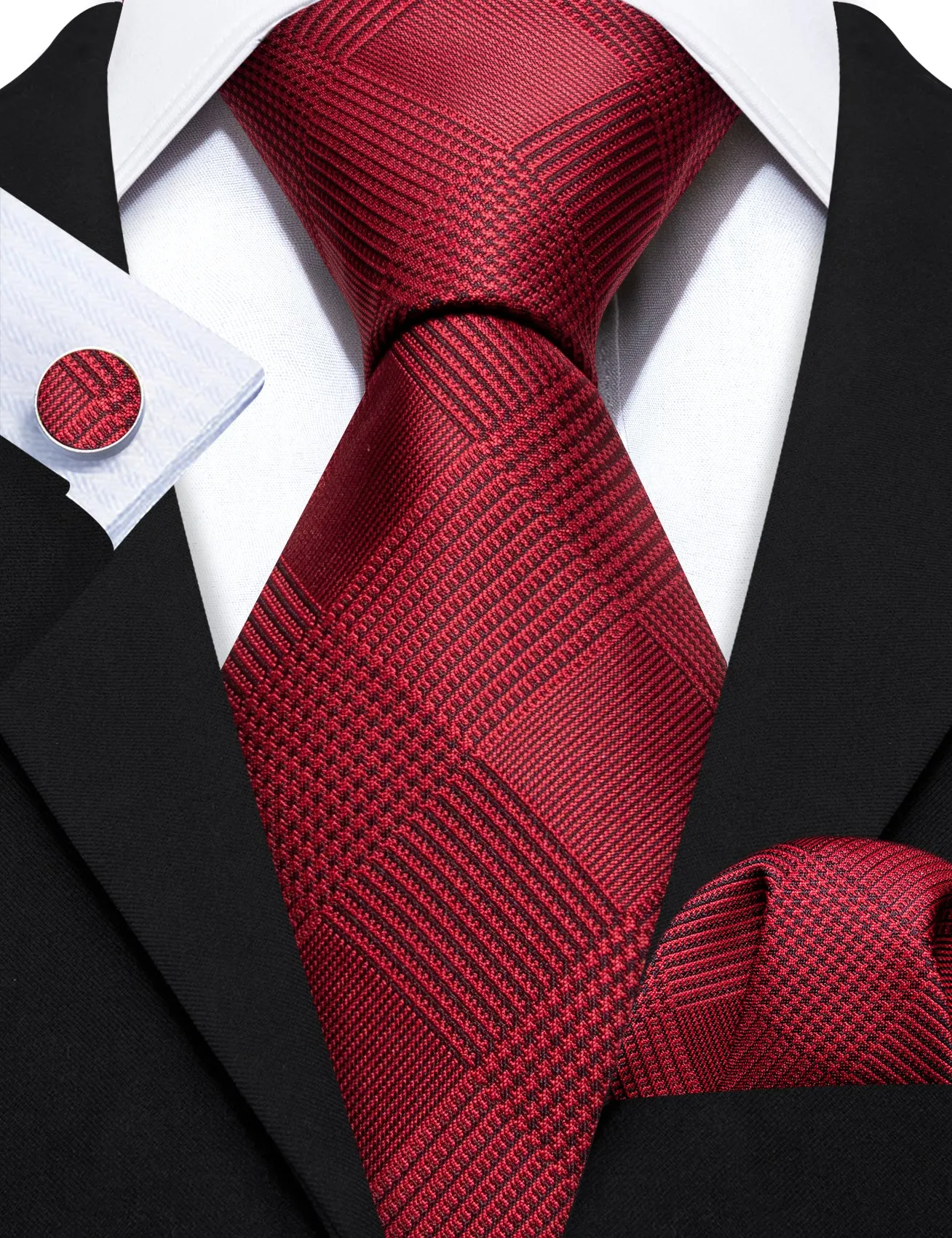 Barry. Wang Red Jacquard Lattice Silk Ties Handkerchief Cufflinks Set sold by Barrywang product image thumbnail 4