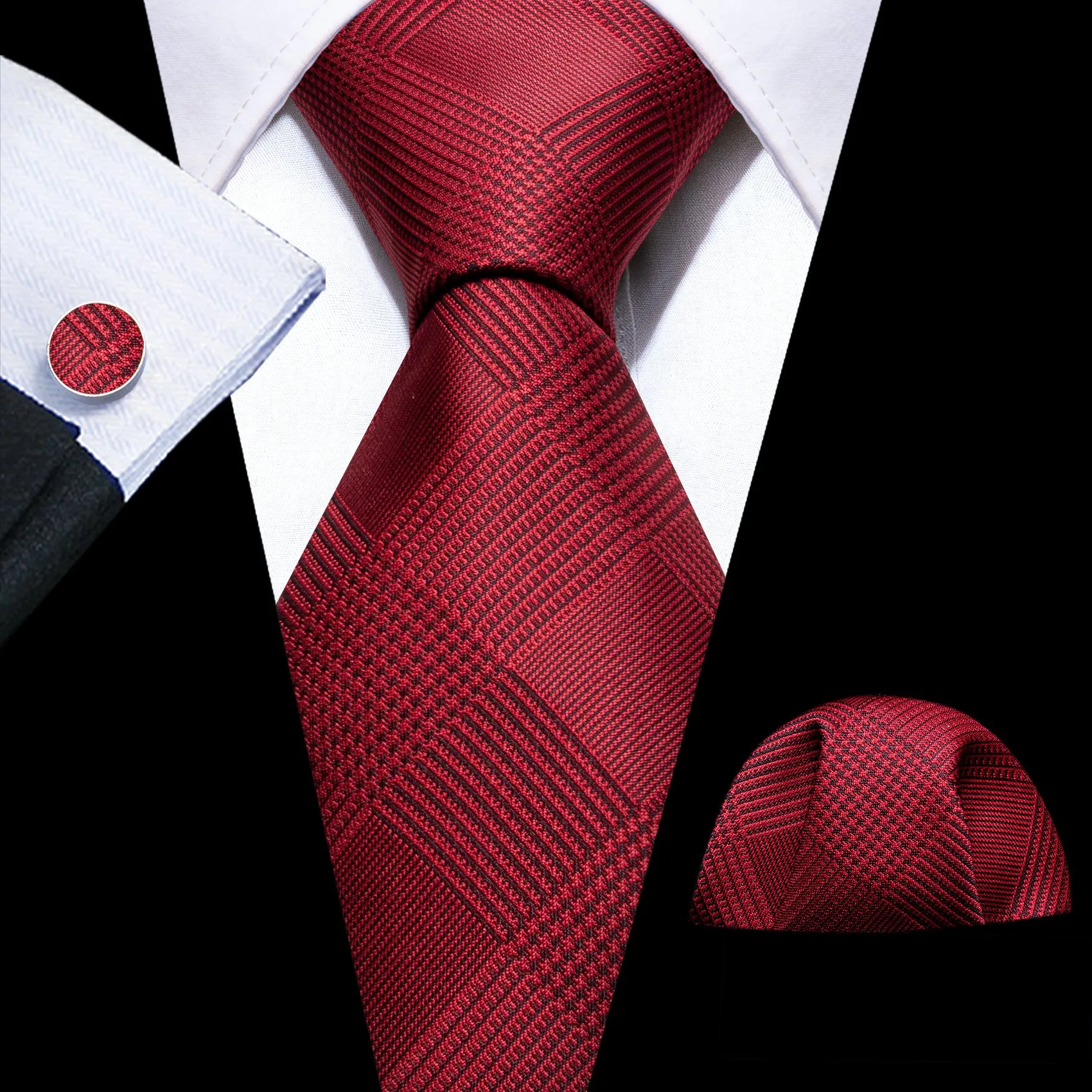 Barry. Wang Red Jacquard Lattice Silk Ties Handkerchief Cufflinks Set sold by Barrywang