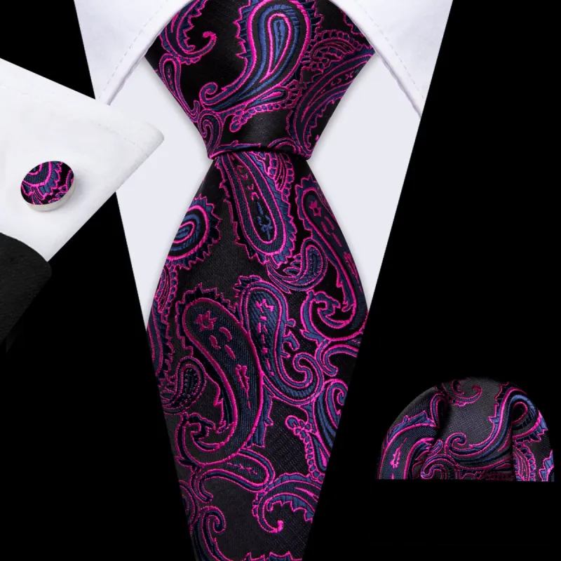 Barry Wang Red Violet Black Paisley Silk Tie Handkerchief Cufflinks Set sold by Barrywang