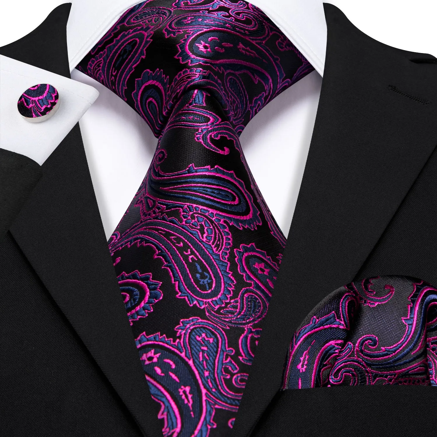 Barry Wang Red Violet Black Paisley Silk Tie Handkerchief Cufflinks Set sold by Barrywang product image thumbnail 2
