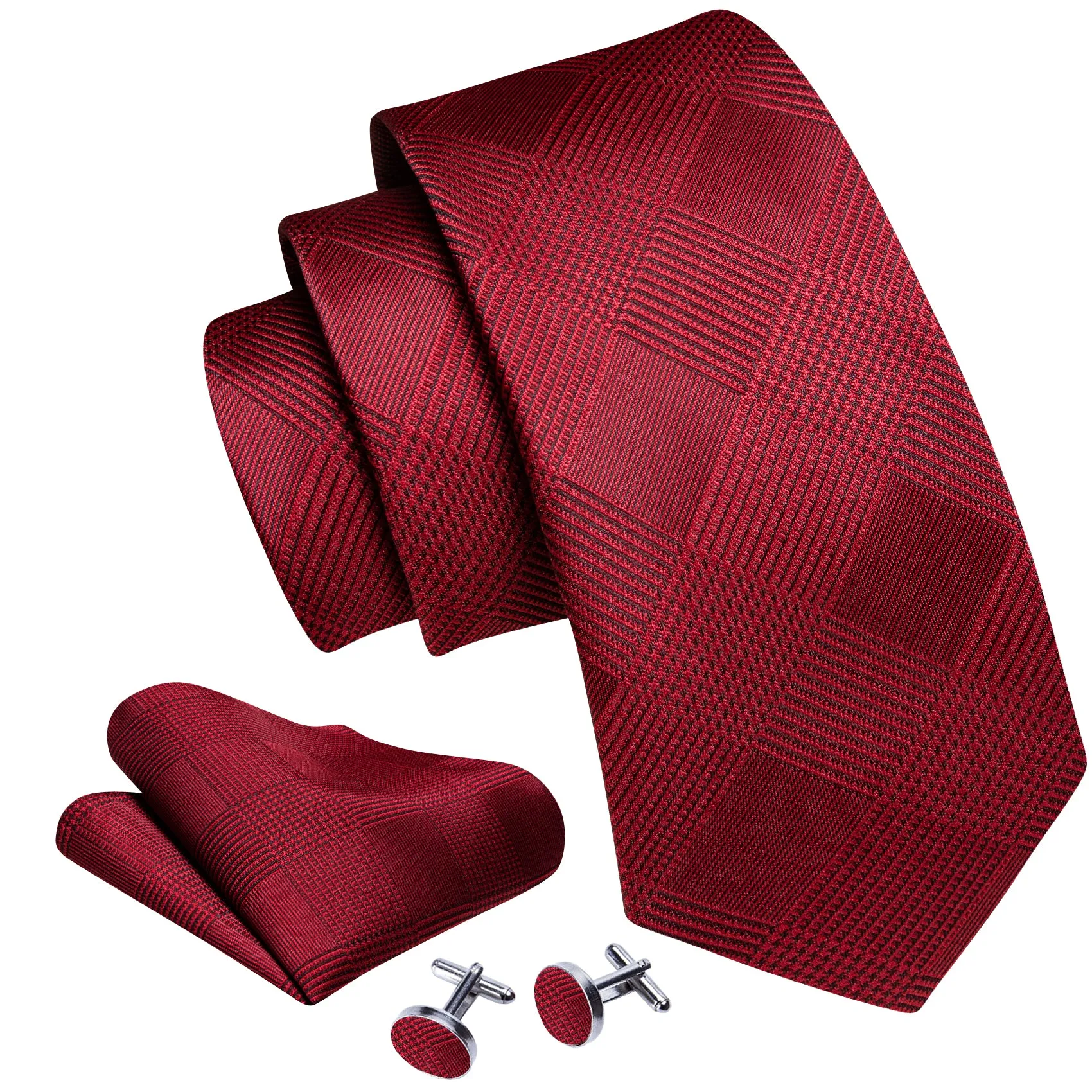 Barry. Wang Red Jacquard Lattice Silk Ties Handkerchief Cufflinks Set sold by Barrywang product image thumbnail 5