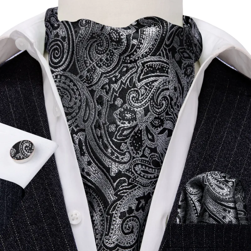Barry Wang Black Grey Paisley Silk Ascot Handkerchief Cufflinks Set sold by Barrywang