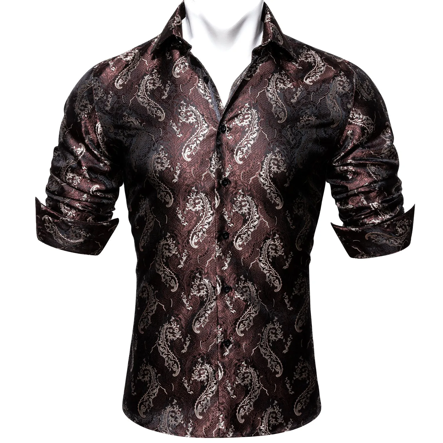 Barry Wang Red Brown Silk Paisley Tribal Long Sleeve Daily Men's Shirt sold by Barrywang product image thumbnail 5