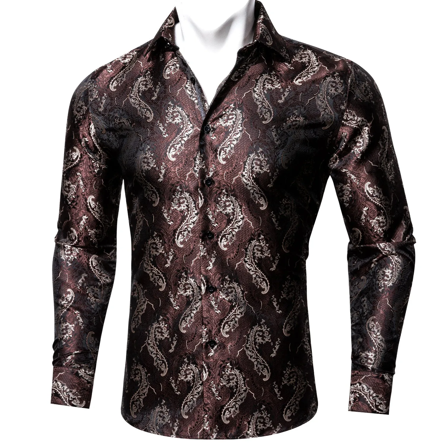Barry Wang Red Brown Silk Paisley Tribal Long Sleeve Daily Men's Shirt sold by Barrywang product image thumbnail 2